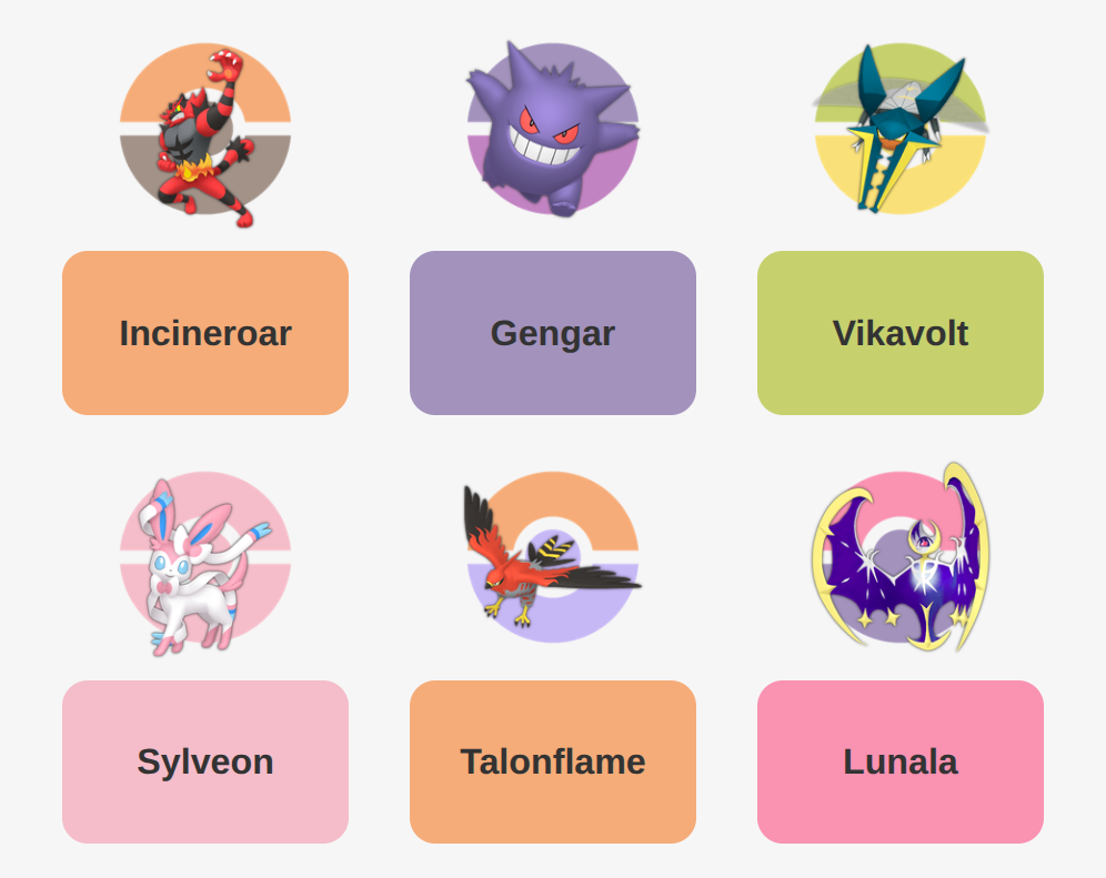 Incineroar, Gengar, Vikavolt, Sylveon, Talonflame, Lunala.