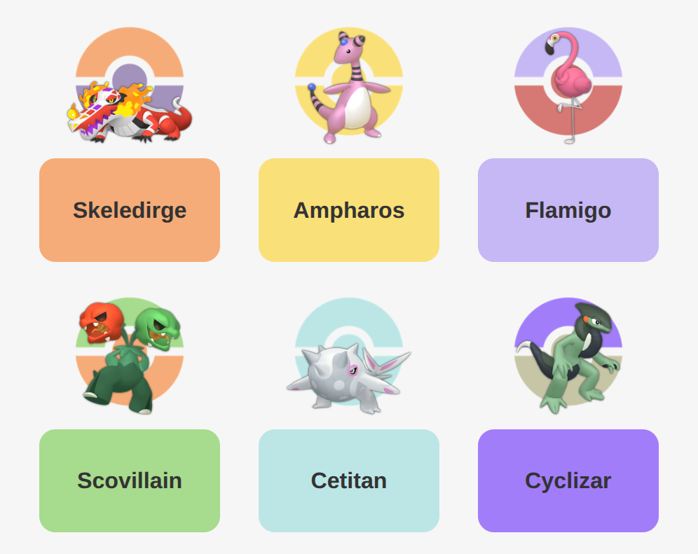 Skeledirge, Ampharos, Flamigo, Scovillain, Cetitan, Cyclizar.