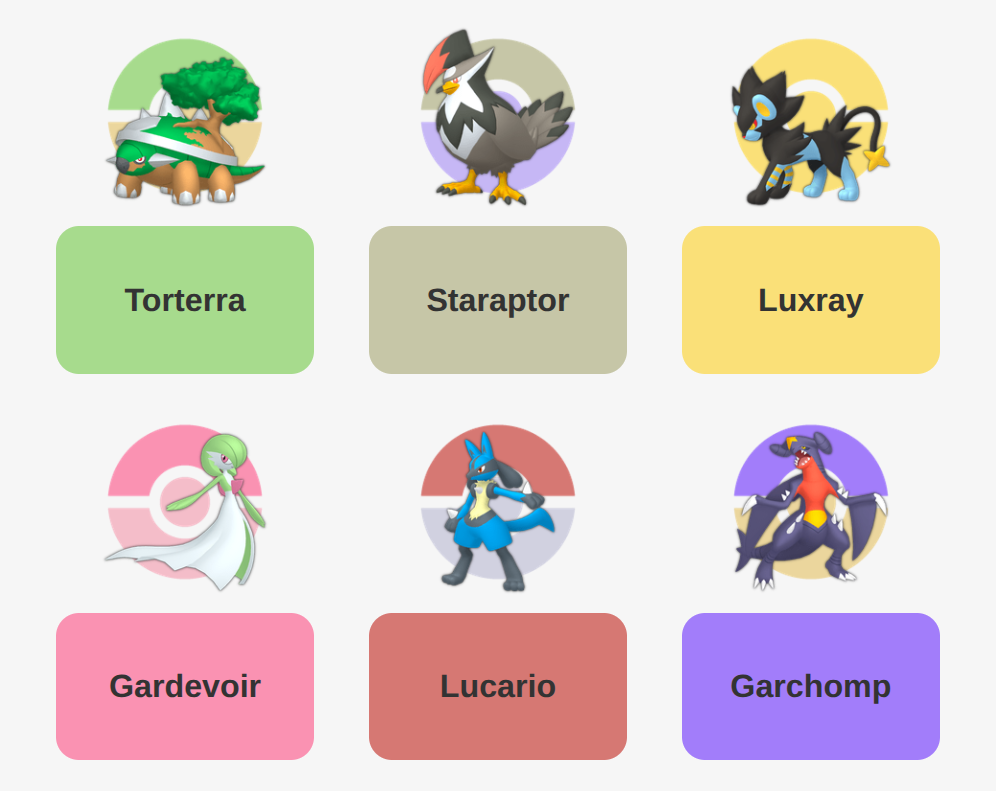 Torterra, Staraptor, Luxray, Gardevoir, Lucario, Garchomp.
